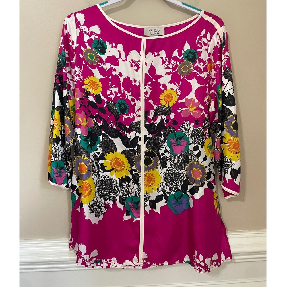 Helios & Luna Womens Size 14 100% Silk Twill Floral Tunic‎ Blouse Floral Multi